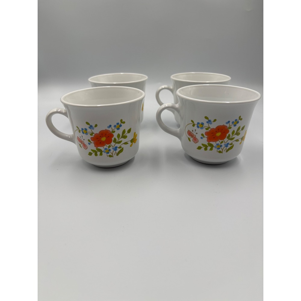 Corelle Indian Summer Teacups Set of 4 Vintage Corning Floral Butterfly Mugs USA